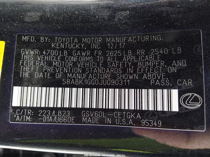 2018 Lexus ES VIN 58ABK1GG0JU090311 IAAI salvage auction — HAIL, Salvage Title, sold $8,900 on 2026-09-11 (photo 9)