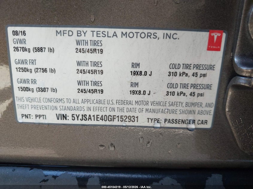2016 Tesla Model s VIN 5YJSA1E40GF152931 IAAI salvage auction — LEFT SIDE, Salvage (California), sold $6,100 on 2026-07-30 (photo 9)