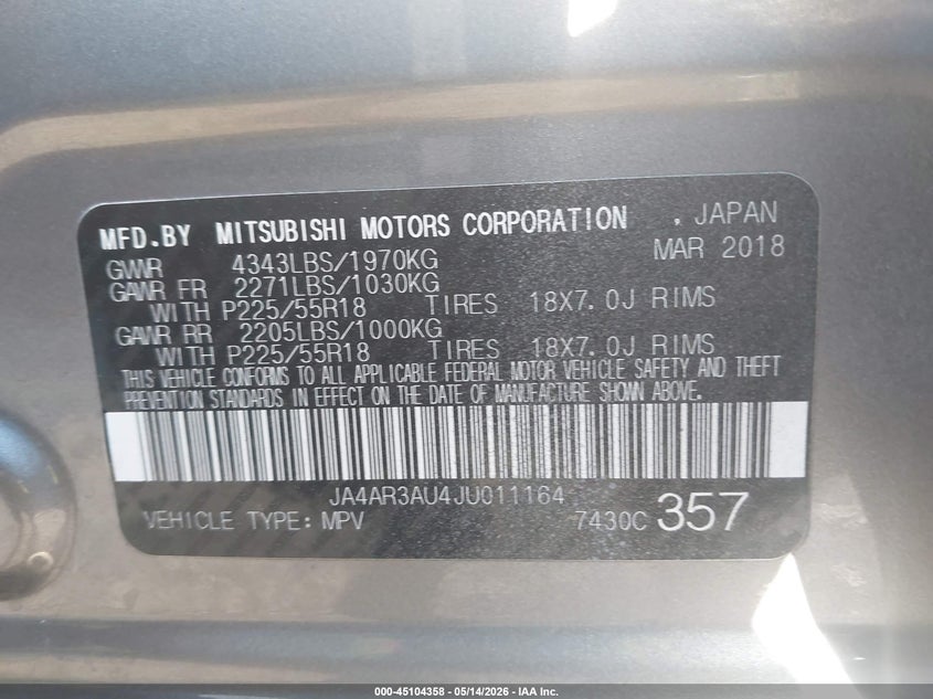 2018 Mitsubishi Outlander VIN JA4AR3AU4JU011164 IAAI salvage auction — FRONT END, Salvage (Arizona), sold $3,400 on 2026-07-13 (photo 9)