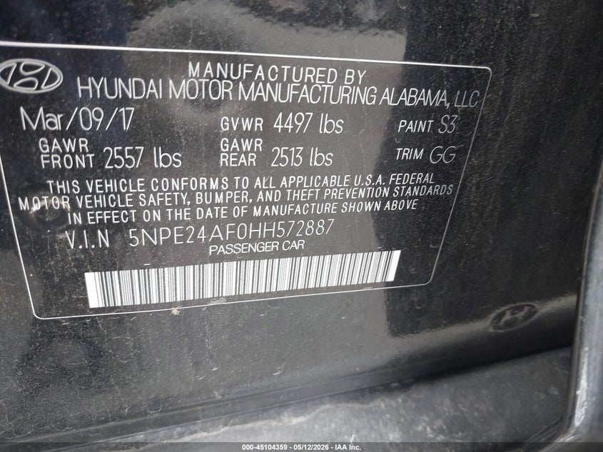 2017 Hyundai Sonata VIN 5NPE24AF0HH572887 IAAI salvage auction — RIGHT FRONT, Salvage Certificate (California), sold $1,350 on 2026-07-19 (photo 9)
