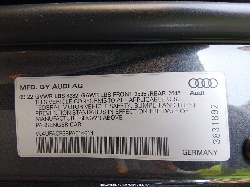 2023 Audi A5 VIN WAUFACF58PA014614 IAAI salvage auction — FRONT END, Salvage (Arizona), sold $3,000 on 2026-07-28 (photo 9)