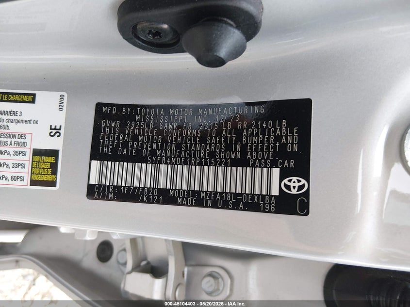 2024 Toyota Corolla VIN 5YFB4MDE1RP115221 IAAI salvage auction — FRONT END, Salvage (Arkansas), sold $3,600 on 2026-07-09 (photo 9)