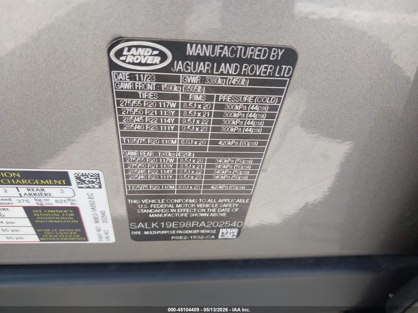 2024 Land rover RANGE ROVER VIN SALK19E98RA202540 IAAI salvage auction — FRONT END, Salvage (California), sold $7,100 on 2026-07-29 (photo 9)