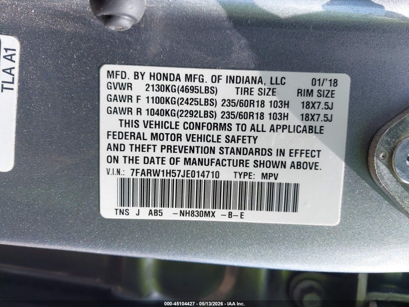 2018 Honda Cr-v VIN 7FARW1H57JE014710 IAAI salvage auction — RIGHT FRONT, Original (Texas), sold $25 on 2026-07-21 (photo 9)