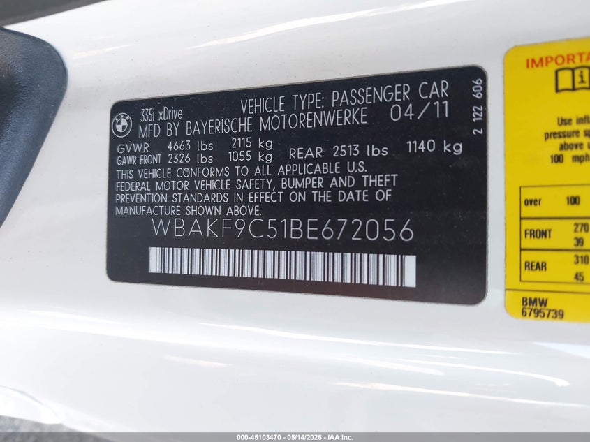 2011 BMW 3 series VIN WBAKF9C51BE672056 IAAI salvage auction — FRONT END, Salvage (Minnesota), sold $2,750 on 2026-07-20 (photo 9)