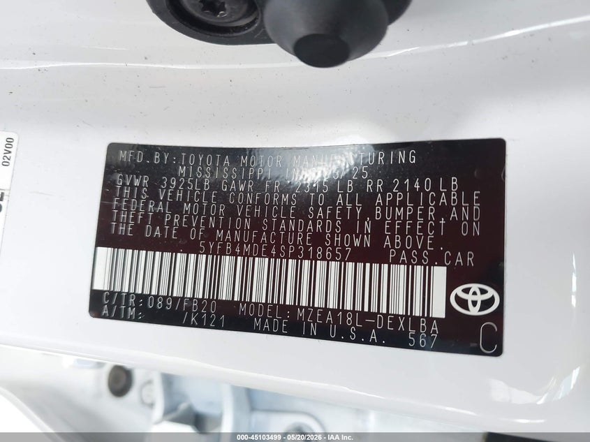 2025 Toyota Corolla VIN 5YFB4MDE4SP318657 IAAI salvage auction — FRONT END, Rebuildable (Florida), sold $6,500 on 2026-07-09 (photo 9)