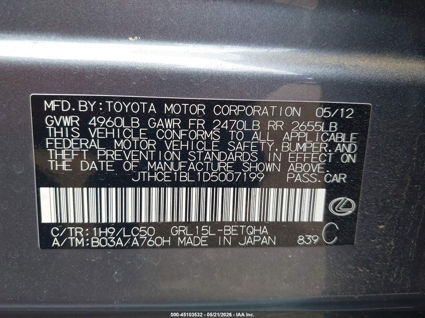 2013 Lexus Gs VIN JTHCE1BL1D5007199 IAAI salvage auction — FRONT END, Salvage (Alabama), sold $2,100 on 2026-07-15 (photo 9)