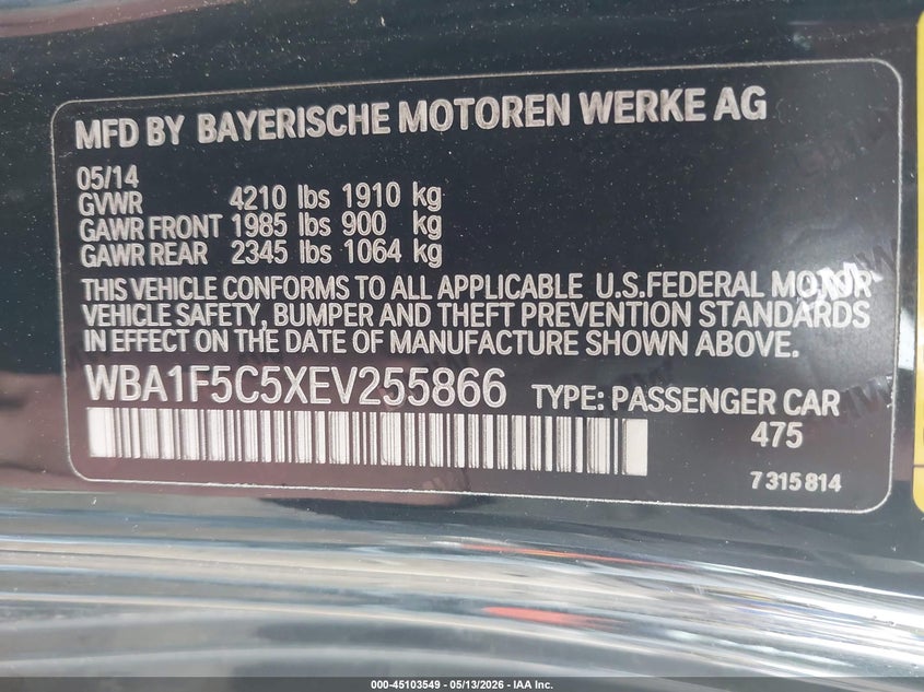 2014 BMW 2er VIN WBA1F5C5XEV255866 IAAI salvage auction — REAR END, Mv-907A (New York), sold $1,050 on 2026-07-28 (photo 9)
