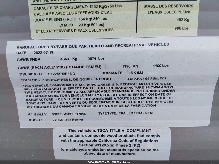 2023 Heartland Rv VIN 5SFEB3420PE517046 IAAI salvage auction — HAIL, Salvage (Missouri), sold $1,450 on 2026-07-29 (photo 9)
