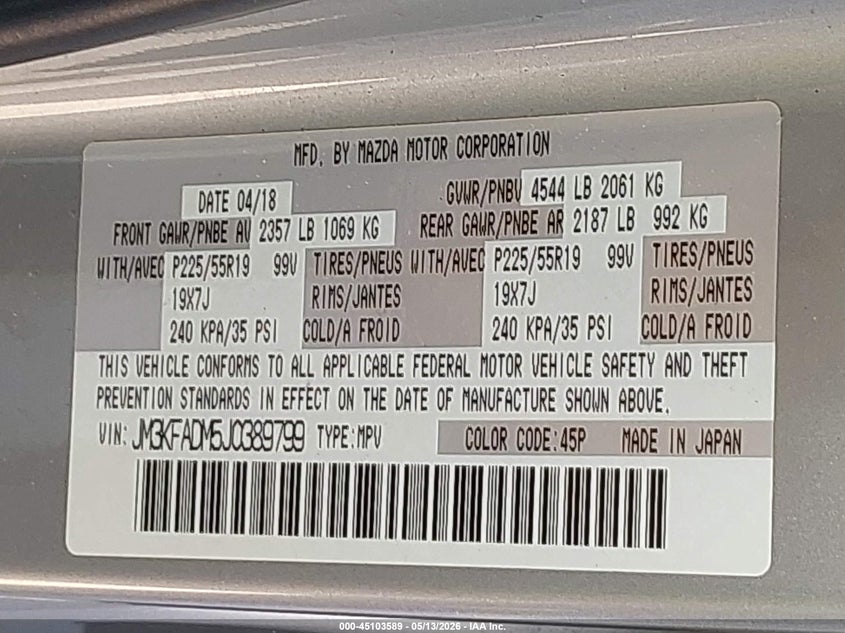 2018 Mazda Cx-5 VIN JM3KFADM5J0389799 IAAI salvage auction — SIDE, Salvage Title, sold $5,600 on 2026-07-29 (photo 9)