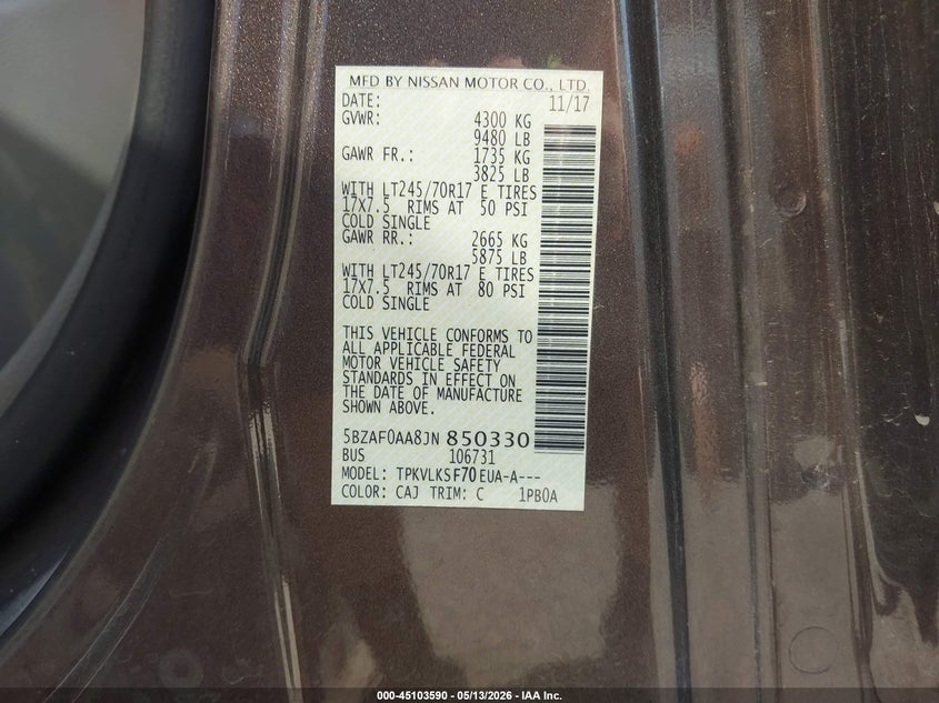 2018 Nissan VIN 5BZAF0AA8JN850330 IAAI salvage auction — FRONT END, Original (Texas), sold $25 on 2026-07-10 (photo 9)