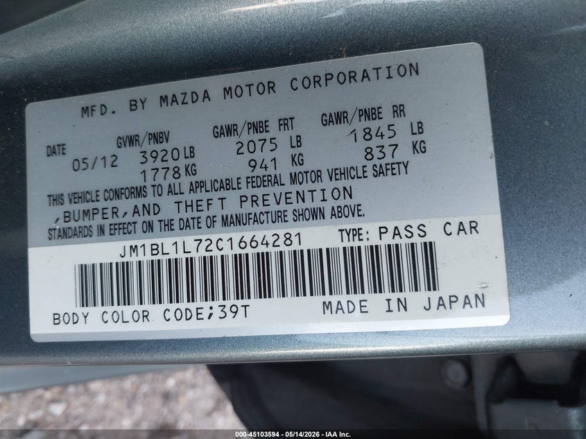 2012 Mazda 3 VIN JM1BL1L72C1664281 IAAI salvage auction — RIGHT FRONT, Salvage (Texas), sold $300 on 2026-07-09 (photo 9)