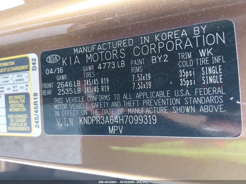 2017 Kia Sportage VIN KNDPR3A64H7099319 IAAI salvage auction — NORMAL WEAR, Clear (Georgia), sold $1,950 on 2026-07-29 (photo 9)