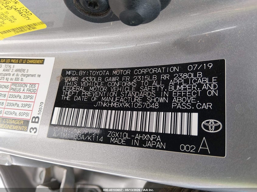 2019 Toyota C-hr VIN JTNKHMBX9K1057048 IAAI salvage auction — FRONT END, Original (Texas), sold $6,100 on 2026-07-22 (photo 9)