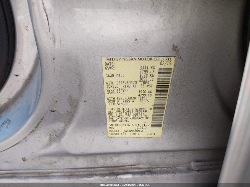 2015 Nissan Armada VIN 5N1BA0NE1FN608367 IAAI salvage auction — FRONT END, Clear (Arkansas), sold $450 on 2026-07-09 (photo 9)