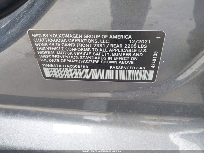 2022 Volkswagen Passat VIN 1VWBA7A37NC008168 IAAI salvage auction — FRONT & REAR, Salvage (Texas), sold $4,750 on 2026-07-10 (photo 9)