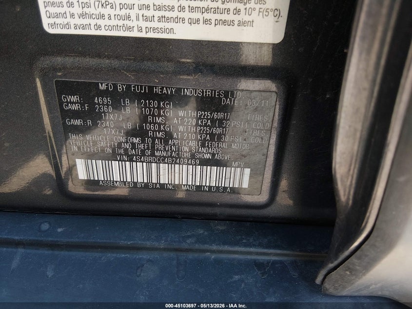 2011 Subaru Outback VIN 4S4BRDCC4B2409469 IAAI salvage auction — SIDE, Salvage (Colorado), sold $775 on 2026-07-31 (photo 9)