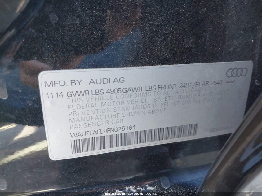 2015 Audi A4 VIN WAUFFAFL9FN025164 IAAI salvage auction — RIGHT FRONT, Original (Texas), sold $1,650 on 2026-07-07 (photo 9)