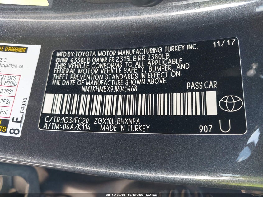 2018 Toyota C-hr VIN NMTKHMBX9JR045468 IAAI salvage auction — RIGHT FRONT, Salvage Title, sold $4,550 on 2026-08-01 (photo 9)
