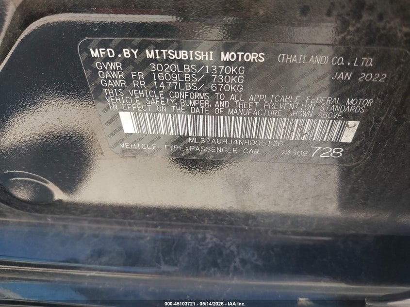 2022 Mitsubishi Mirage VIN ML32AUHJ4NH005126 IAAI salvage auction — FRONT END, Original (Texas), sold $2,450 on 2026-07-24 (photo 9)