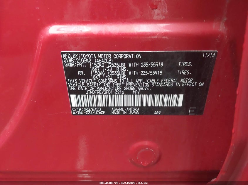 2015 Toyota Rav 4 VIN JTMDFREV2FD113216 IAAI salvage auction — FRONT END, Salvage (Massachusetts), sold $2,975 on 2026-07-14 (photo 9)