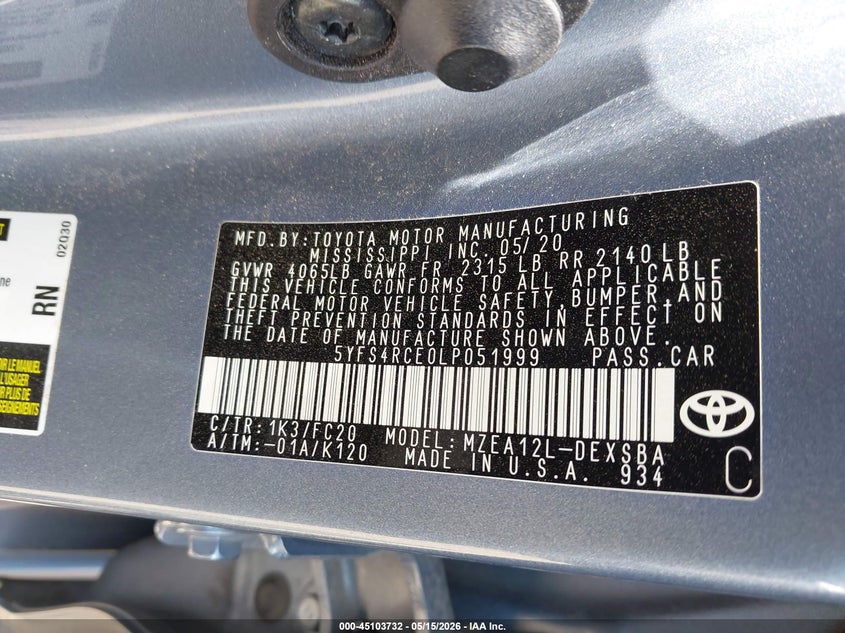 2020 Toyota Corolla VIN 5YFS4RCE0LP051999 IAAI salvage auction — REAR END, Original (Texas), sold $9,125 on 2026-07-15 (photo 9)