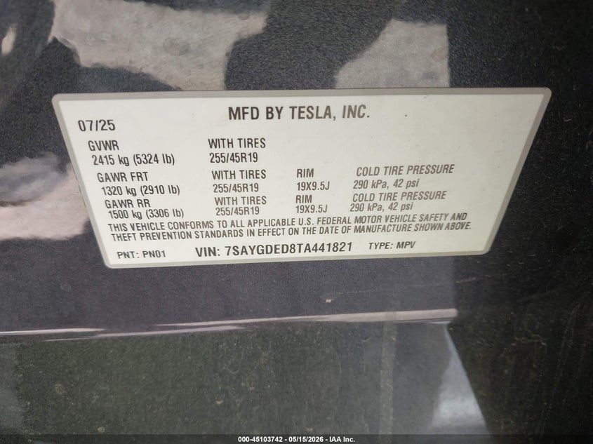 2026 Tesla Model y VIN 7SAYGDED8TA441821 IAAI salvage auction — BIOHAZARD/CHEMICAL, Salvage (Illinois), sold $7,400 on 2026-07-17 (photo 9)