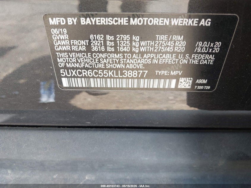 2019 BMW X5 VIN 5UXCR6C55KLL38877 IAAI salvage auction — FRONT END, Clear (Arkansas), sold $21,150 on 2026-07-15 (photo 9)