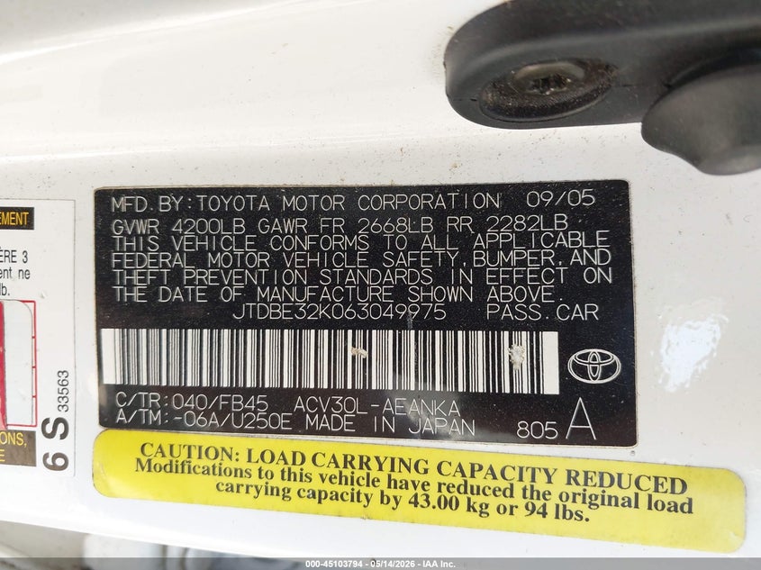 2006 Toyota Camry VIN JTDBE32K063049975 IAAI salvage auction — FRONT END, Salvage (Texas), sold $575 on 2026-07-07 (photo 9)