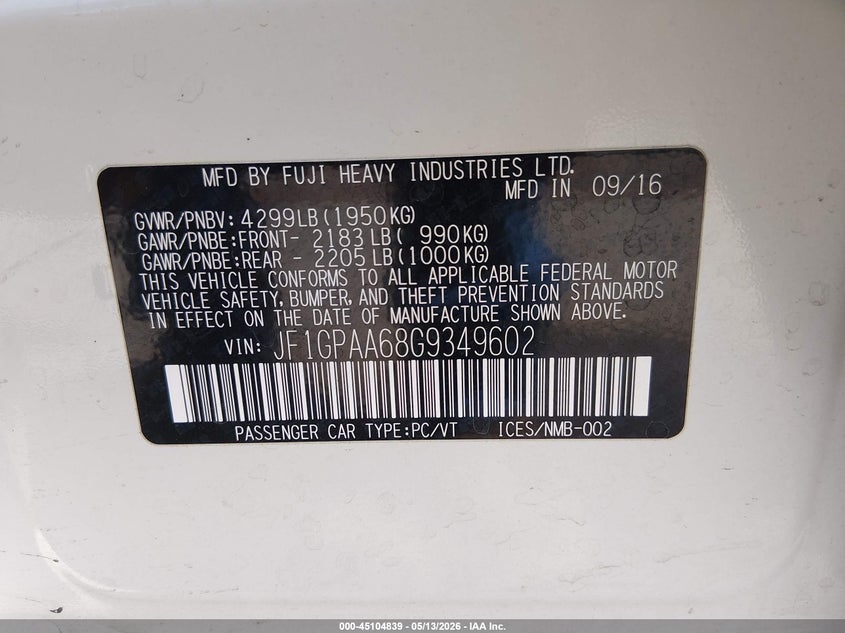 2016 Subaru Impreza VIN JF1GPAA68G9349602 IAAI salvage auction — REAR END, Salvage (New Mexico), sold $1,400 on 2026-07-06 (photo 9)