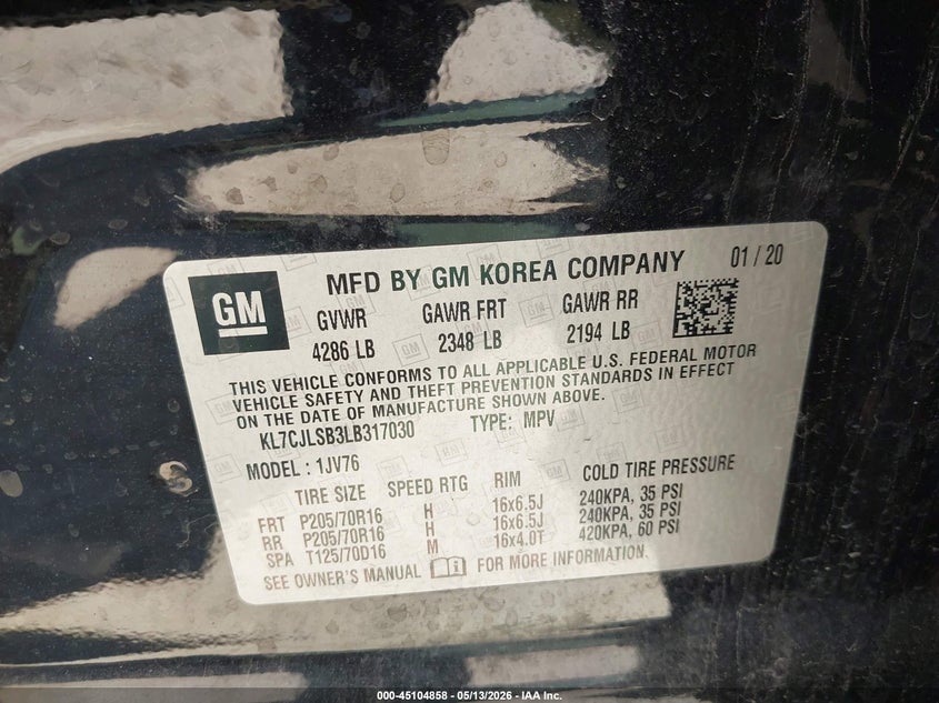 2020 Chevrolet Trax VIN KL7CJLSB3LB317030 IAAI salvage auction — FRONT END, Salvage (Texas), sold $2,125 on 2026-07-27 (photo 9)