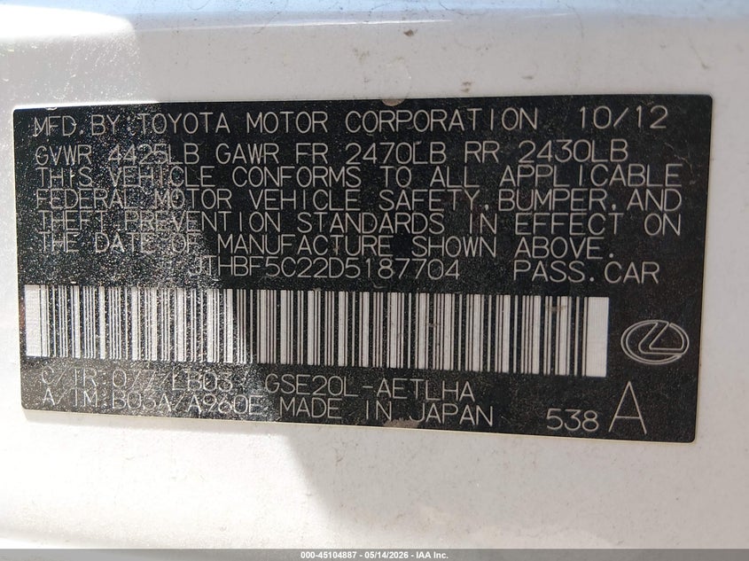 2013 Lexus Is VIN JTHBF5C22D5187704 IAAI salvage auction — RIGHT FRONT, Salvage (Arizona), sold $725 on 2026-07-14 (photo 9)