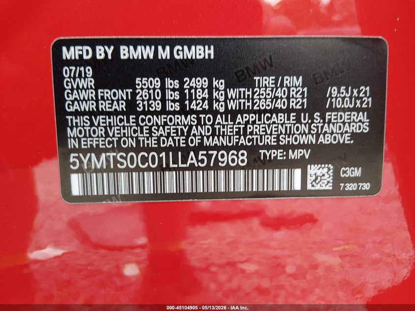 2020 BMW X3 m VIN 5YMTS0C01LLA57968 IAAI salvage auction — FRONT END, Salvage (South Carolina), sold $18,500 on 2026-07-28 (photo 9)