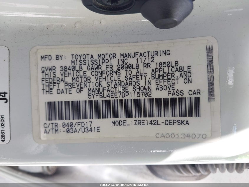 2013 Toyota Corolla VIN 5YFBU4EE7DP115702 IAAI salvage auction — FRONT END, Salvage (California), sold $575 on 2026-07-15 (photo 9)