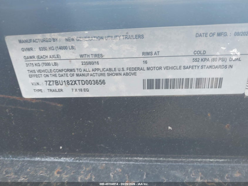 2026 Utility New generation VIN 7Z7BU182XTD003656 IAAI salvage auction — REAR END, Salvage (Tennessee), sold $1,150 on 2026-07-28 (photo 9)
