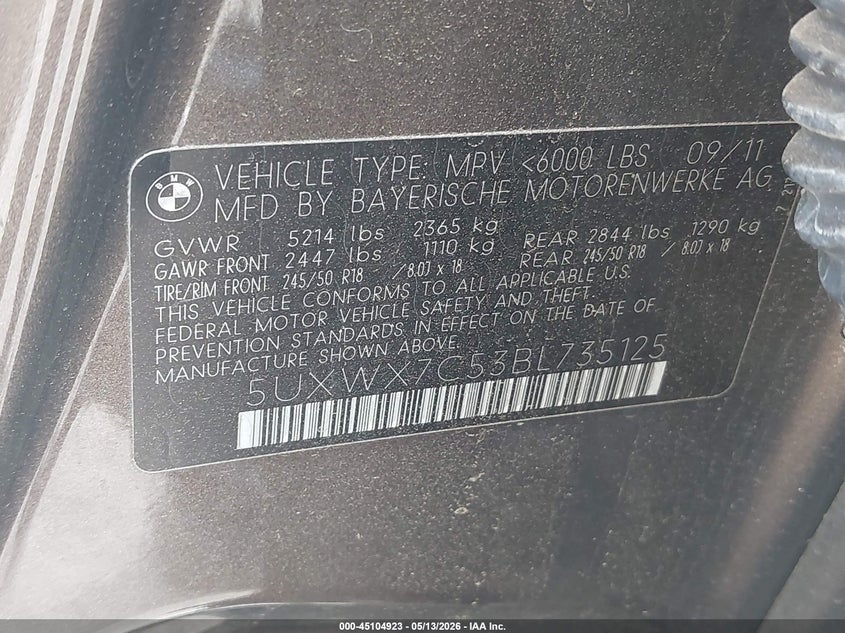 2011 BMW X3 VIN 5UXWX7C53BL735125 IAAI salvage auction — NORMAL WEAR, Salvage (Texas), sold $1,100 on 2026-07-20 (photo 9)