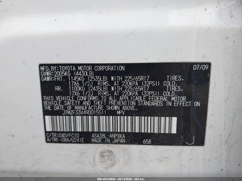 2009 Toyota Rav4 VIN JTMZF33V49D015511 IAAI salvage auction — LEFT SIDE, Clear (Montana), sold $1,275 on 2026-07-22 (photo 9)