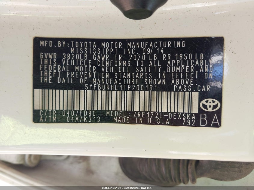 2015 Toyota Corolla VIN 5YFBURHE1FP200191 IAAI salvage auction — FRONT END, Original (Texas), sold $4,850 on 2026-07-15 (photo 9)