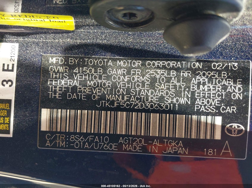 2013 Scion Tc VIN JTKJF5C72D3063011 IAAI salvage auction — LEFT REAR, Original (Texas), sold $450 on 2026-07-22 (photo 9)