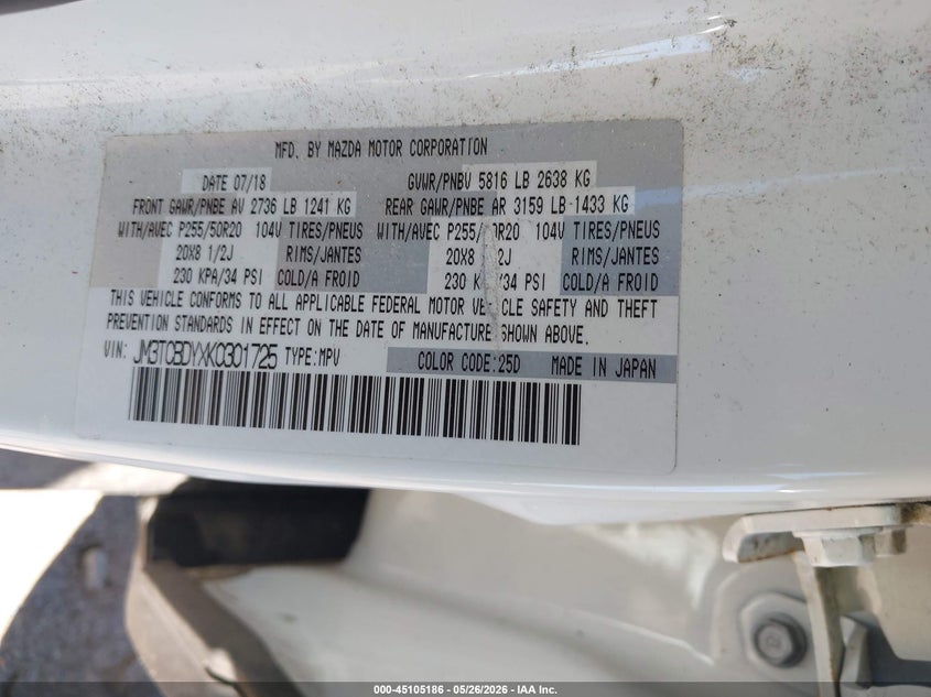 2019 Mazda Cx-9 VIN JM3TCBDYXK0301725 IAAI salvage auction — RIGHT FRONT, Salvage (Massachusetts), sold $3,500 on 2026-07-17 (photo 9)