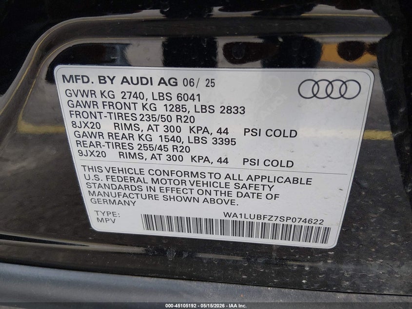 2025 Audi Q4 e-tron VIN WA1LUBFZ7SP074622 IAAI salvage auction — HAIL, Salvage (Ohio), sold $19,350 on 2026-07-16 (photo 9)
