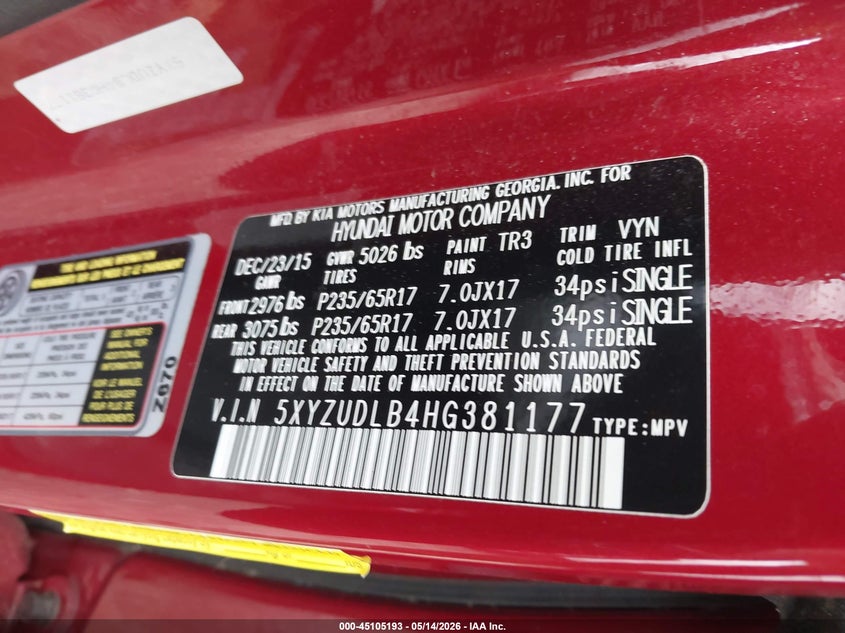 2017 Hyundai Santa fe VIN 5XYZUDLB4HG381177 IAAI salvage auction — FRONT END, Salvage (Massachusetts), sold $2,650 on 2026-07-21 (photo 9)