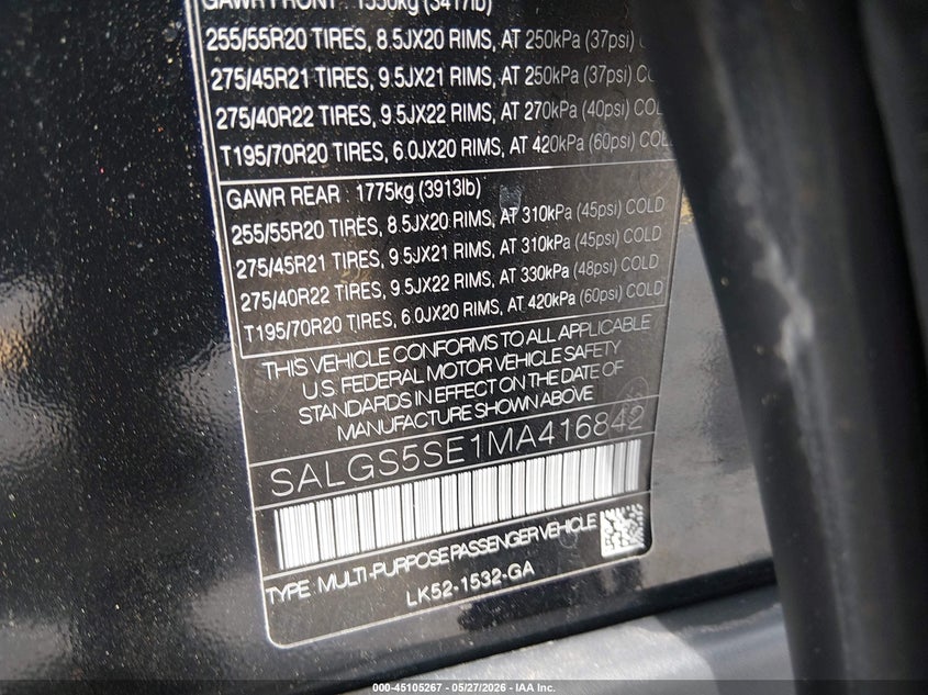 2021 Land rover RANGE ROVER VIN SALGS5SE1MA416842 IAAI salvage auction — FRONT END, Salvage (South Carolina), sold $14,700 on 2026-07-08 (photo 9)