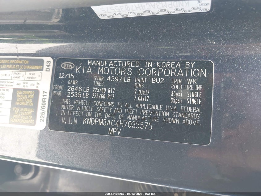 2017 Kia Sportage VIN KNDPM3AC4H7035575 IAAI salvage auction — RIGHT FRONT, Salvage (New Jersey), sold $225 on 2026-07-28 (photo 9)
