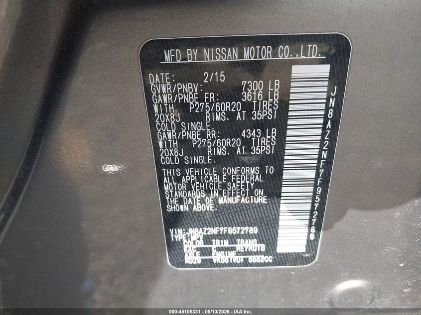 2015 Infiniti Qx80 VIN JN8AZ2NF7F9572789 IAAI salvage auction — SIDE, Clear (Tennessee), sold $1,550 on 2026-07-29 (photo 9)