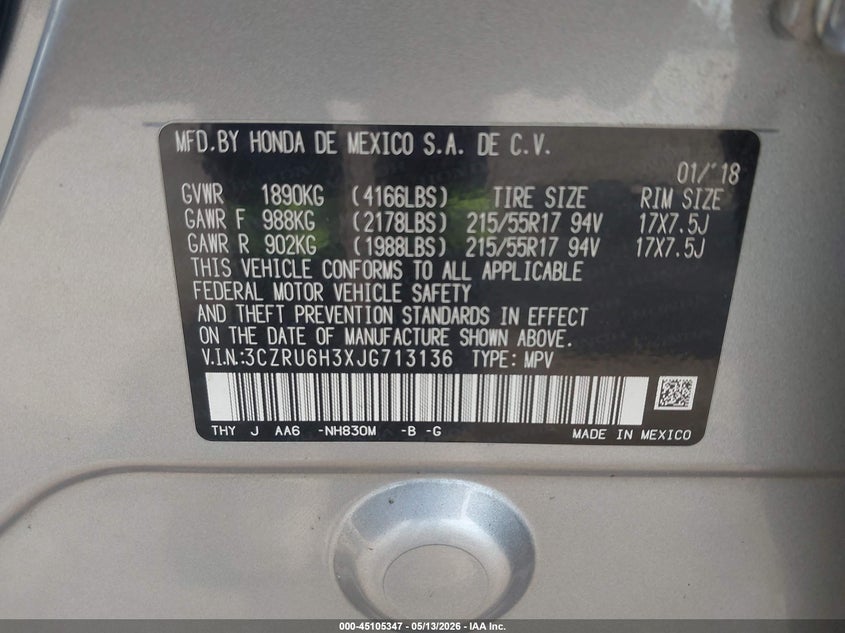 2018 Honda Hr-v VIN 3CZRU6H3XJG713136 IAAI salvage auction — FRONT END, Salvage (Pennsylvania), sold $3,750 on 2026-07-29 (photo 9)