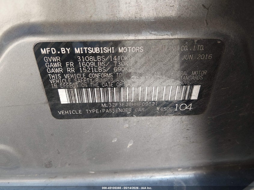 2017 Mitsubishi Mirage VIN ML32F3FJ6HHF09621 IAAI salvage auction — REAR END, Salvage (Tennessee), sold $700 on 2026-07-22 (photo 9)