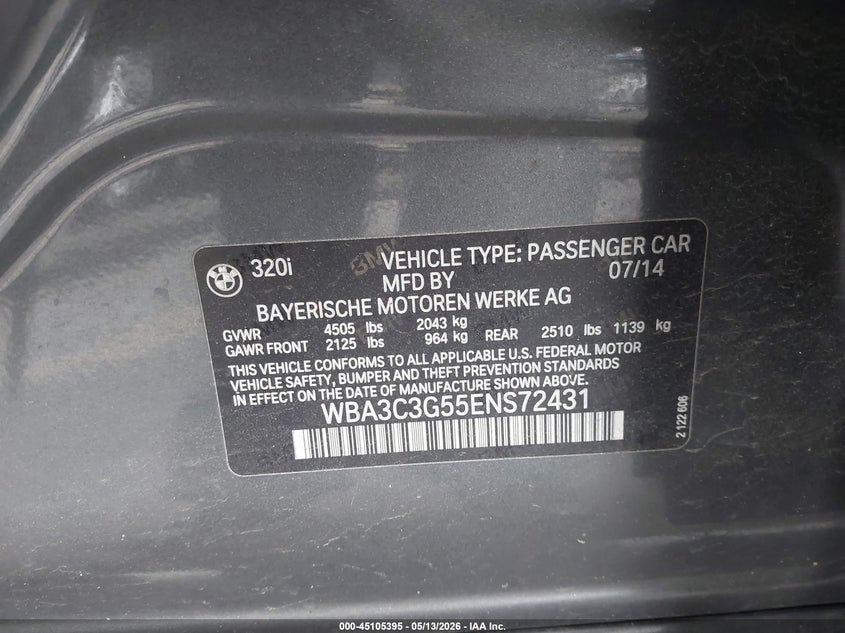 2014 BMW 3er VIN WBA3C3G55ENS72431 IAAI salvage auction — LEFT REAR, Salvage (Connecticut), sold $1,600 on 2026-08-08 (photo 9)