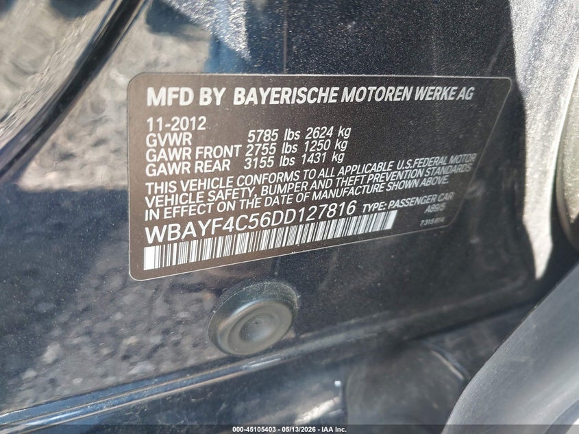 2013 BMW 7er VIN WBAYF4C56DD127816 IAAI salvage auction — REAR END, Mv-907A (New York), sold $50 on 2026-07-28 (photo 9)