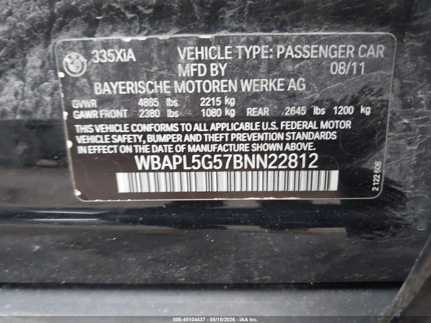 2011 BMW 3 series VIN WBAPL5G57BNN22812 IAAI salvage auction — FRONT END, Salvage (Vermont), sold $400 on 2026-07-10 (photo 9)
